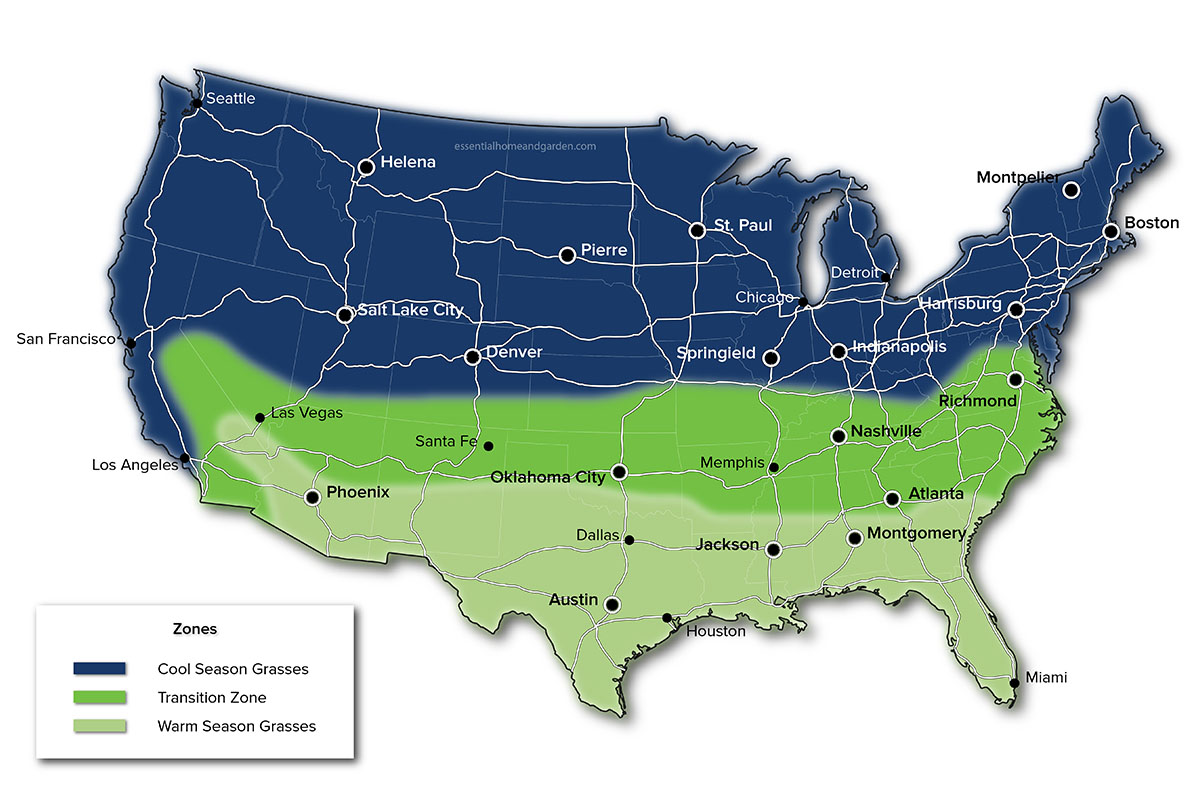the types of grass shown on a map of the USA by region
