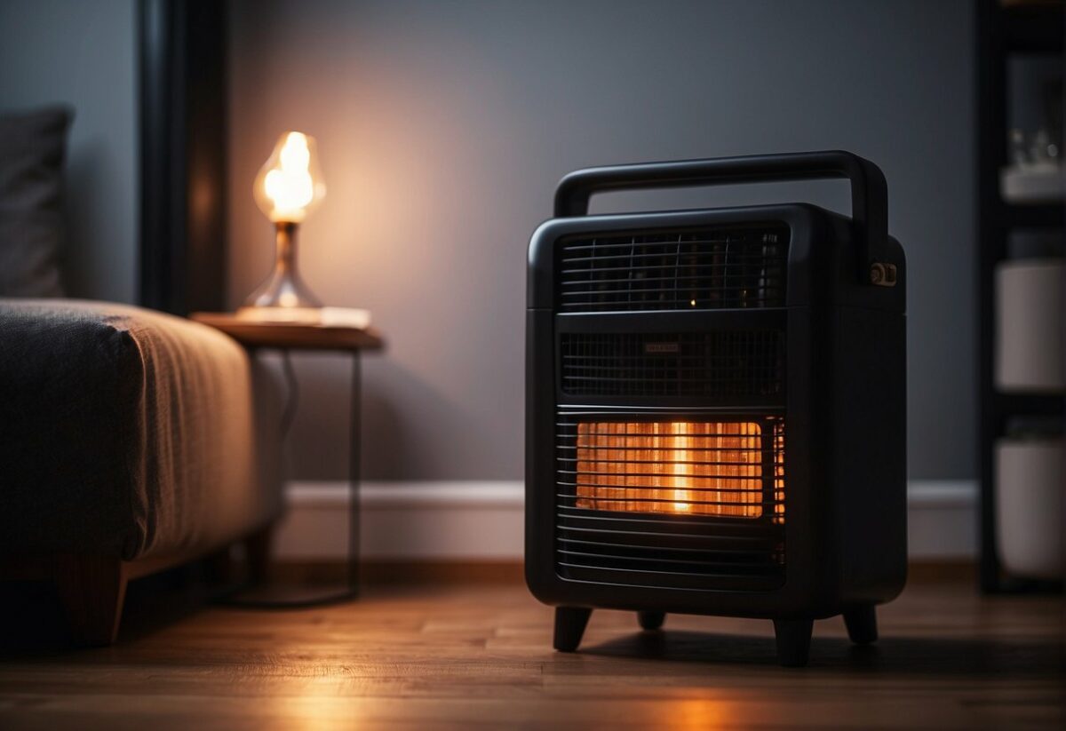 A ceramic heater sitting on a wooden floor in a living room in winter.
