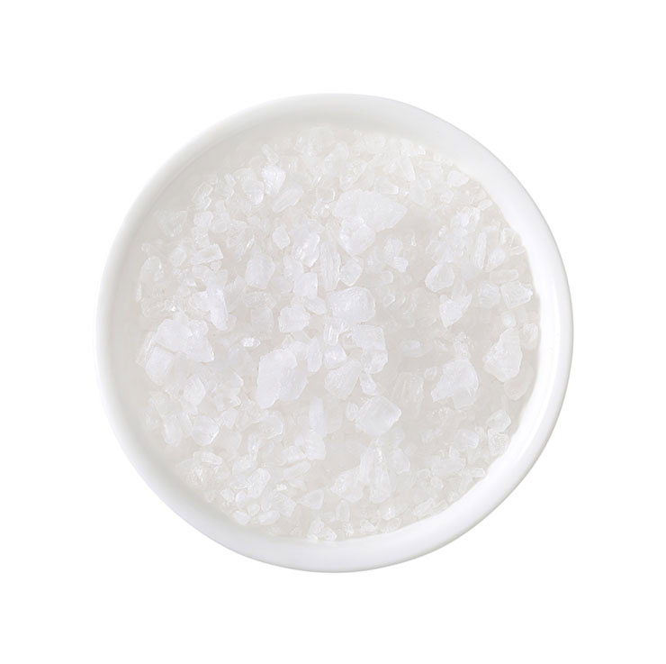 A round white bowl filled with coarse sea salt on a white background.