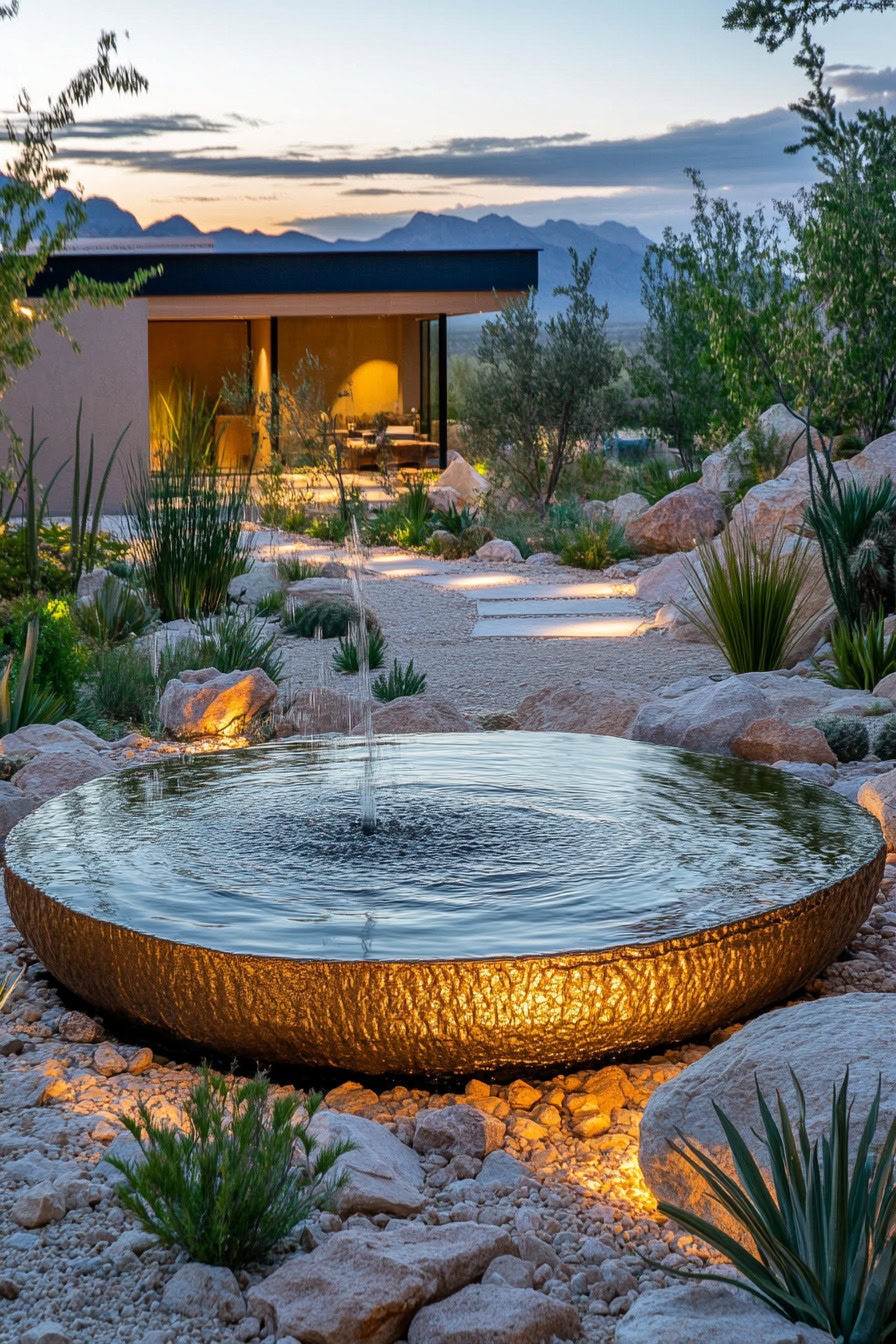 A modern backyard at sunset with a round, illuminated fountain, desert plants, rocks, and a distant mountain view.