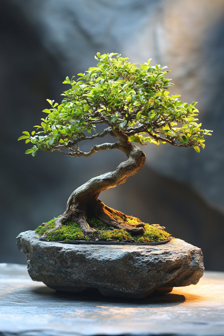 A small, twisted bonsai tree with bright green leaves sits on a rock surface, illuminated by soft light.