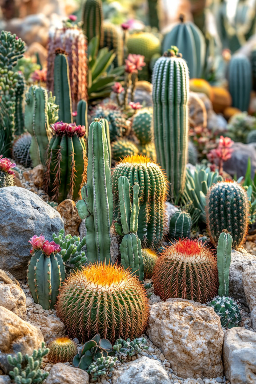 A variety of cacti and succulents with different shapes and sizes are displayed among rocks, some with blooming pink flowers.