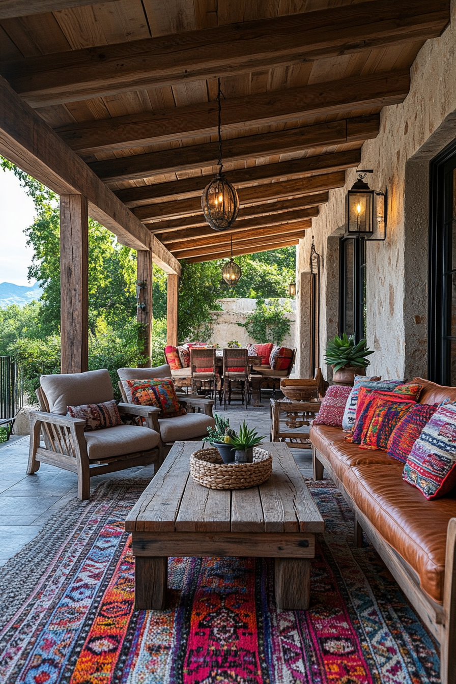 A rustic outdoor patio with wooden beams, cozy seating, colorful cushions, a wooden coffee table, and hanging lights, overlooking green trees.