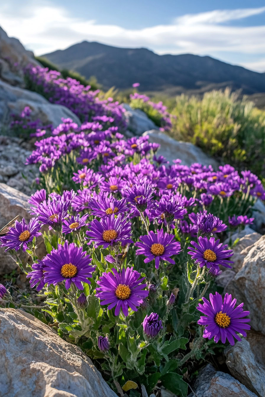 Purple wildflowers bloom among rocks with mountains in the background under a clear blue sky.