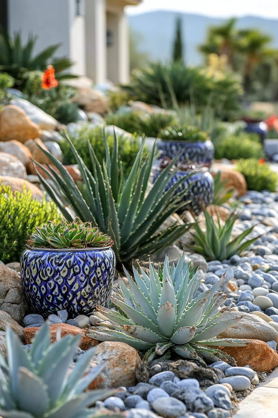 Succulent plants in decorative pots are arranged in a rocky garden landscape with a background of shrubs and trees.