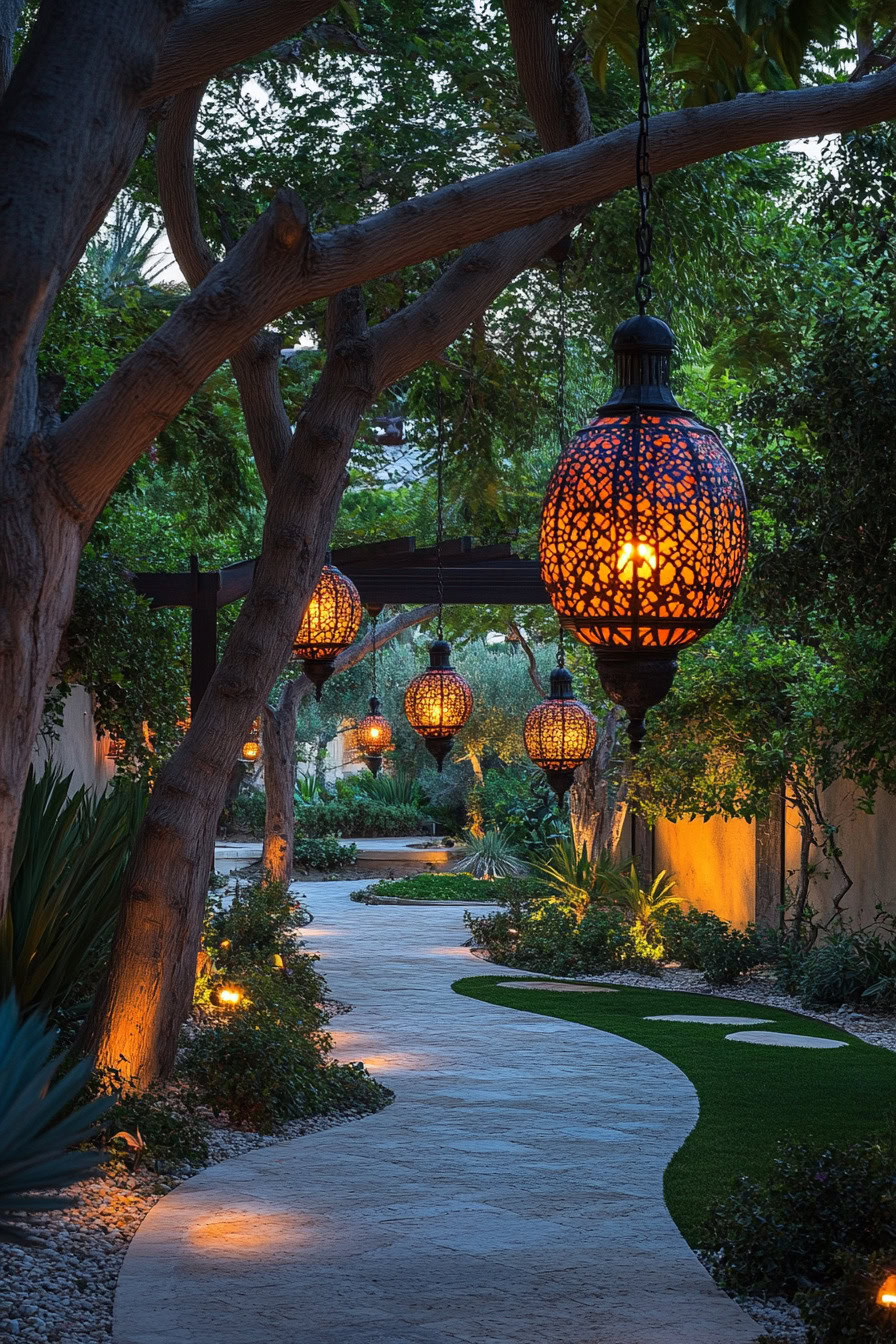 A winding stone pathway through a garden with trees overhead, lit by hanging lanterns and surrounded by lush vegetation.