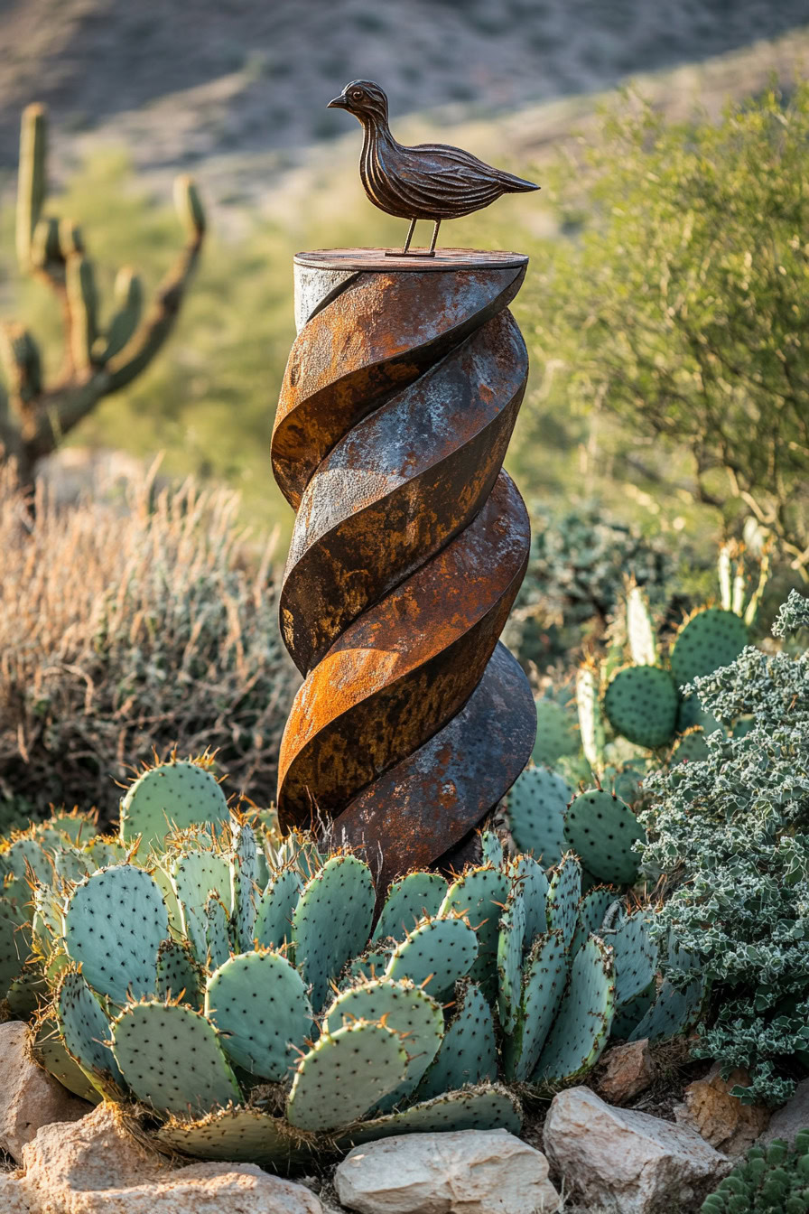 A metal bird sculpture stands atop a rusted, spiral pedestal surrounded by cactus plants in a desert landscape.