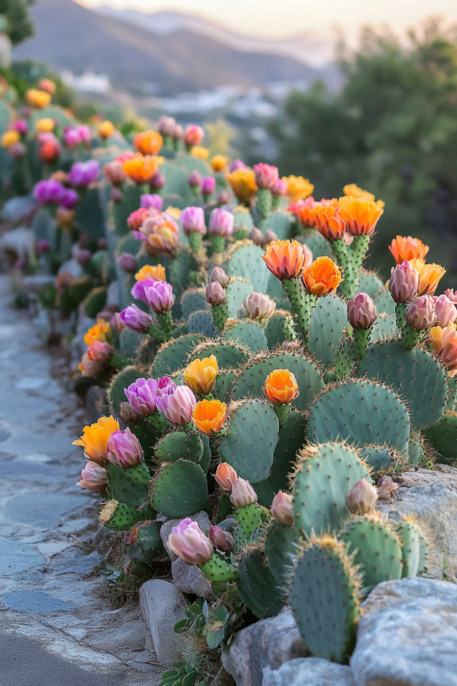 Cacti with vibrant yellow, orange, and purple flowers line a stone pathway with mountains in the background.
