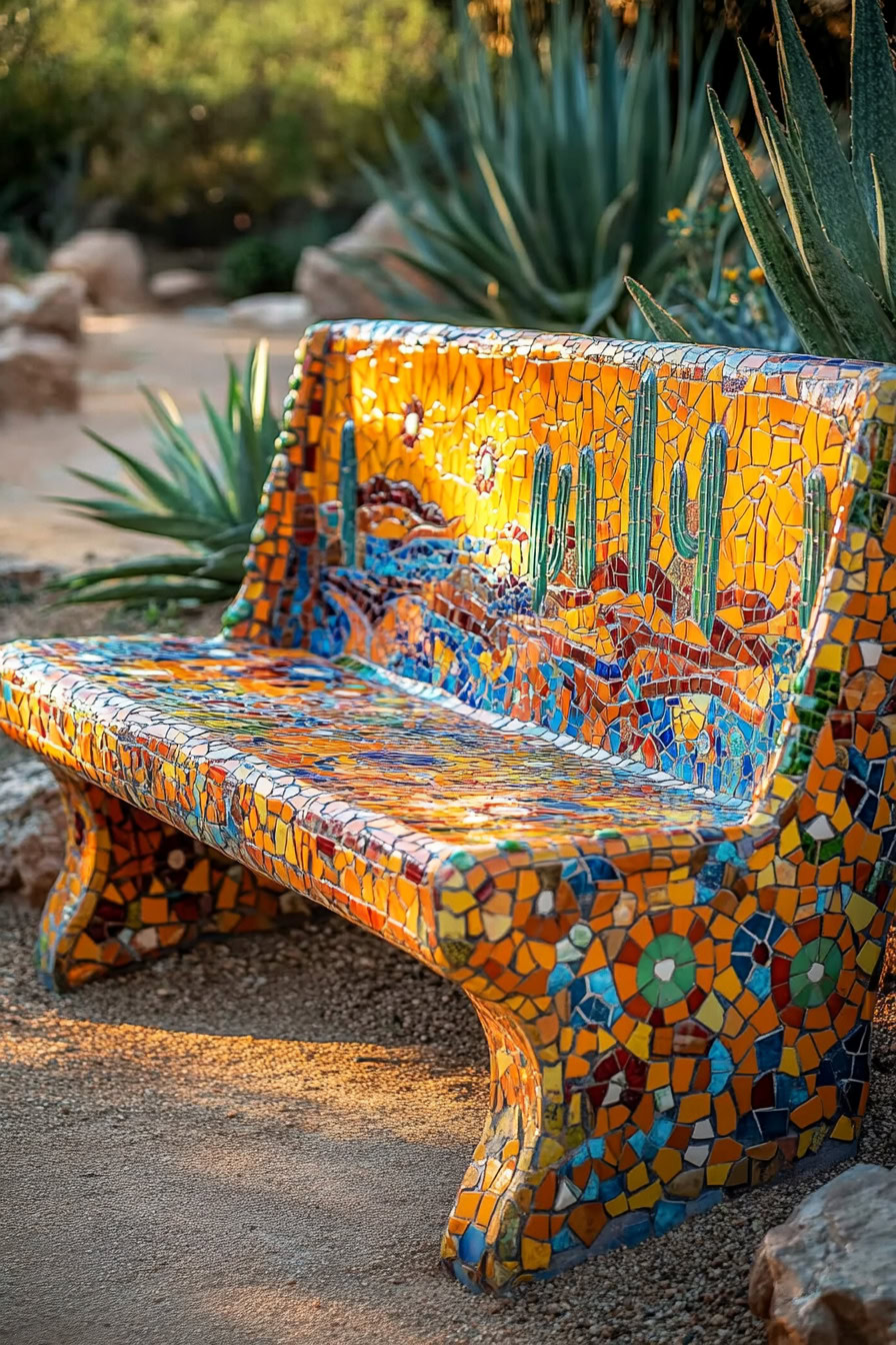 Mosaic bench with colorful patterns depicting desert scenes, including cacti and sunset, set in a garden path.