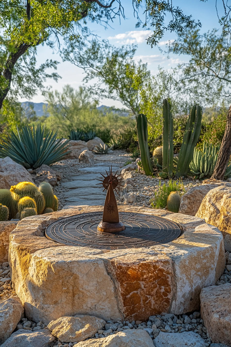 A sundial sits on a stone pedestal surrounded by cacti and desert plants under a clear blue sky.