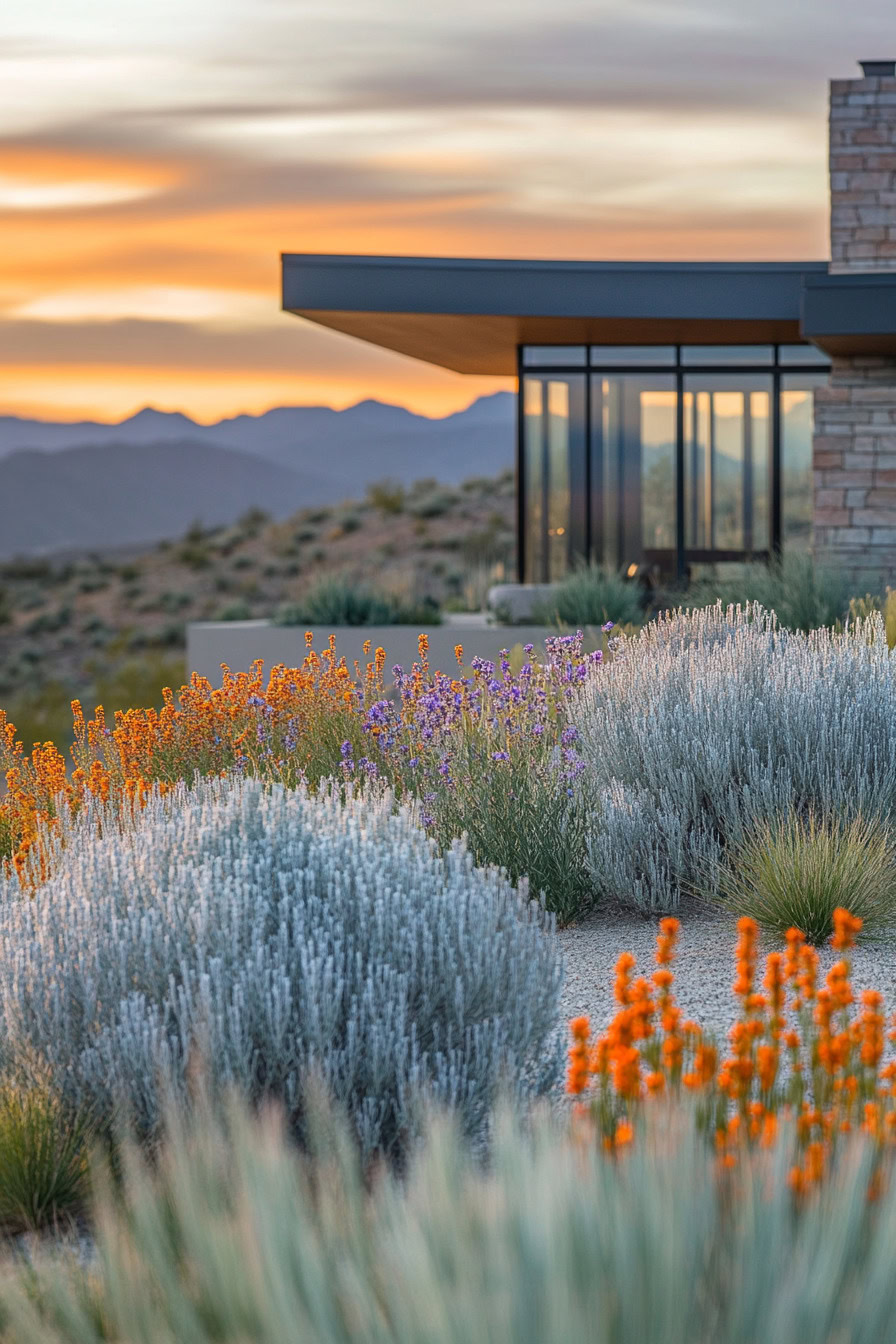 Modern house with large windows at sunset, surrounded by desert landscape and colorful wildflowers in the foreground.