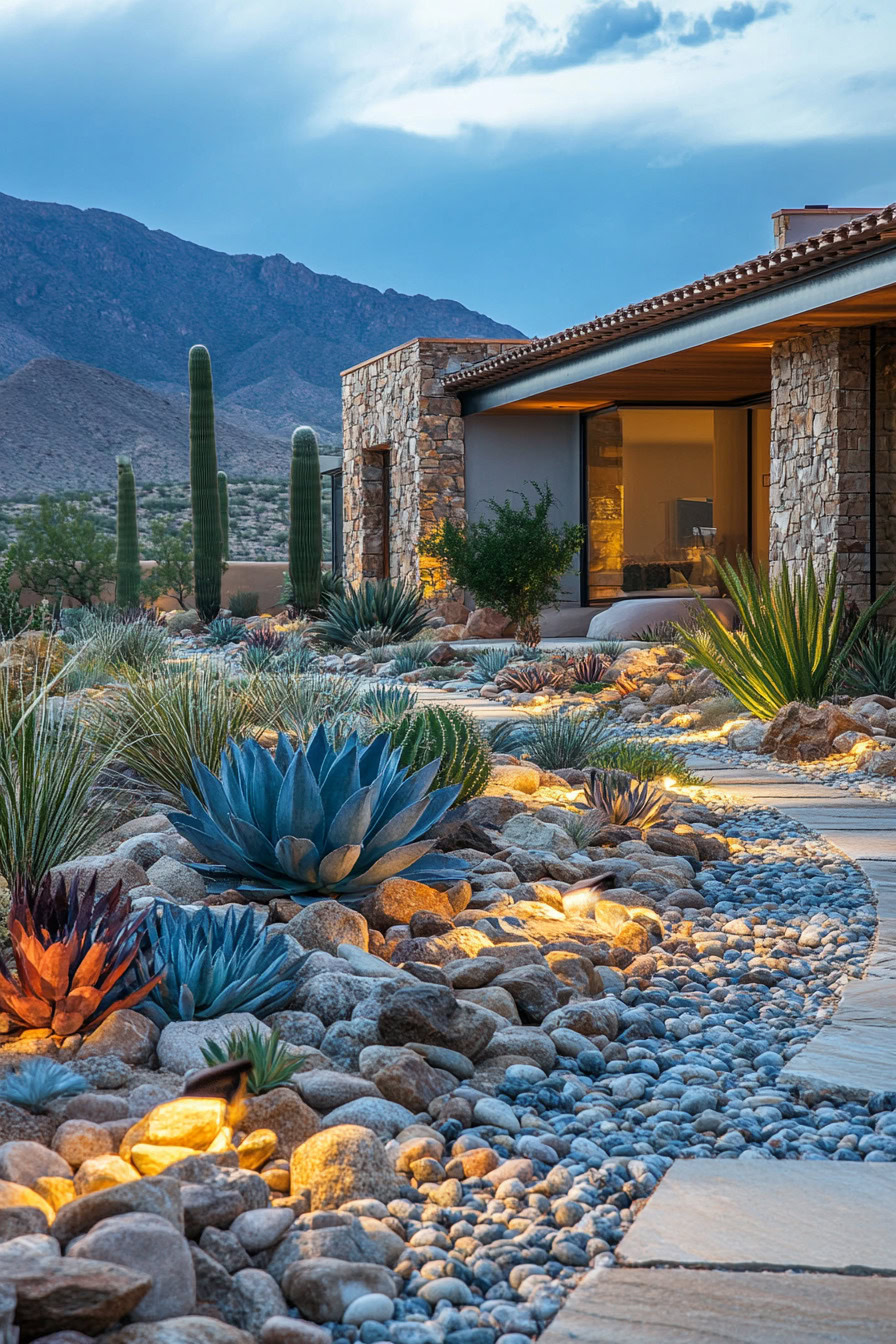 A modern house with large windows is surrounded by a desert landscape garden. The scene includes various cacti, succulents, stones, and soft outdoor lighting. Mountains are visible in the background.