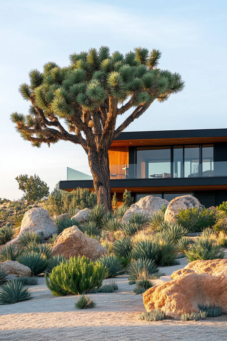 Modern house with large glass windows surrounded by desert landscape, including a prominent Joshua tree and various rocks and plants.