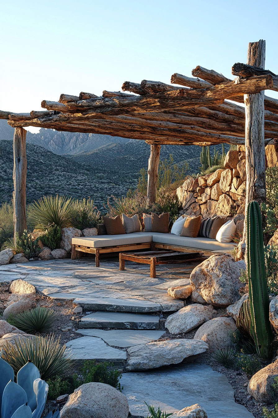 Rustic outdoor seating area with wooden pergola, stone walls, and desert landscape featuring cacti and shrubs in the background.