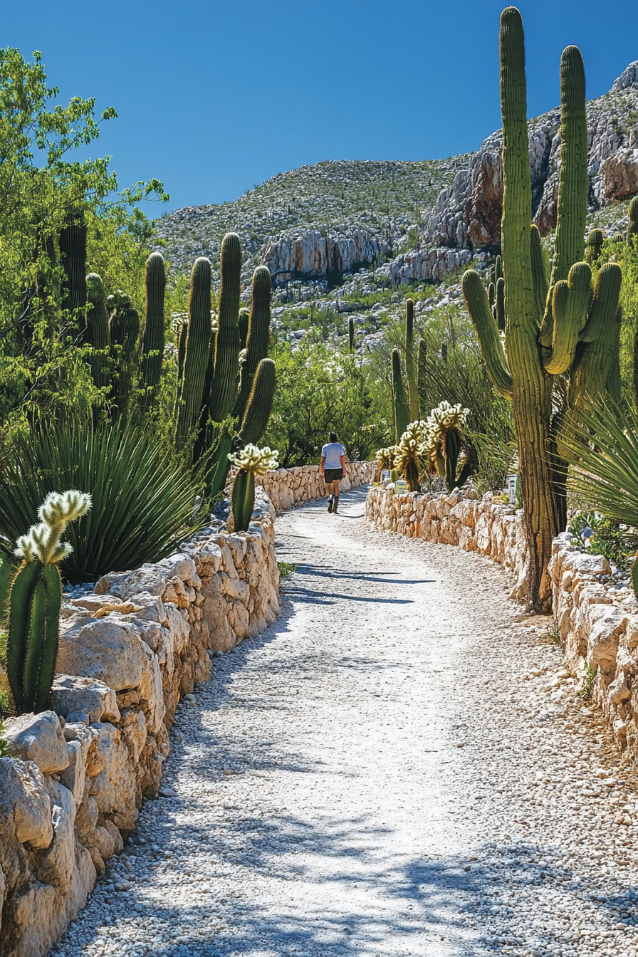 A person walks along a rocky path lined with tall cacti under a clear blue sky in a desert landscape.