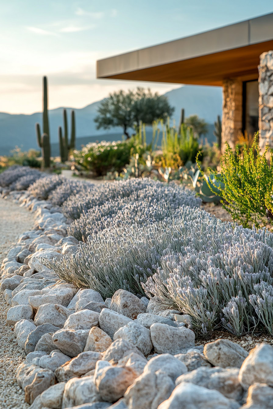 Desert landscape with cacti, stone-bordered lavender plants, and a modern house. Mountain and tree in the background.