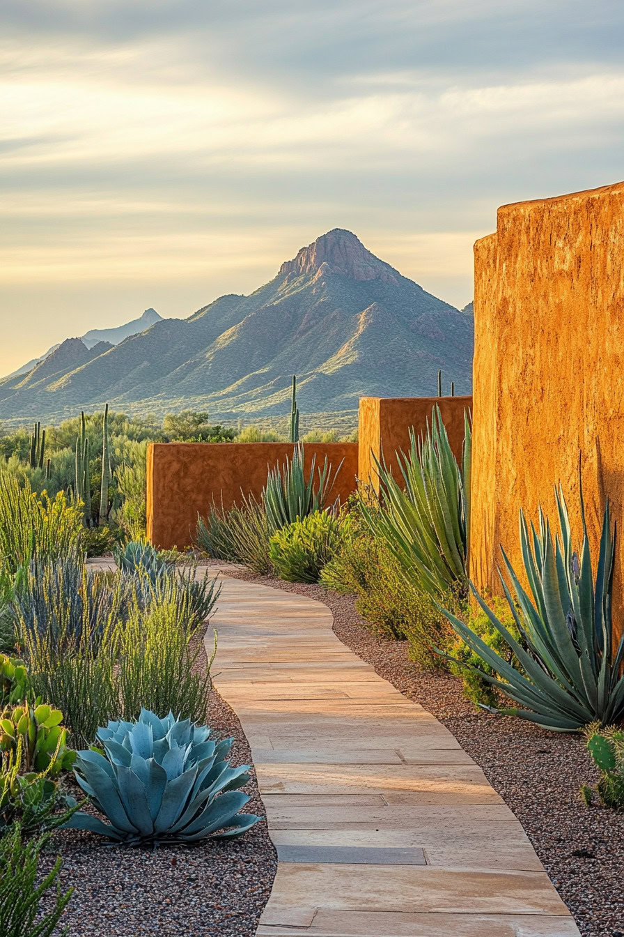 A stone path leads through desert plants toward adobe structures, with a mountain range and a clear sky in the background.