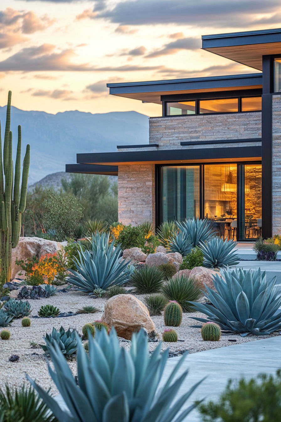 Modern house with large windows surrounded by desert landscaping, including cacti and agave plants, under a cloudy evening sky.