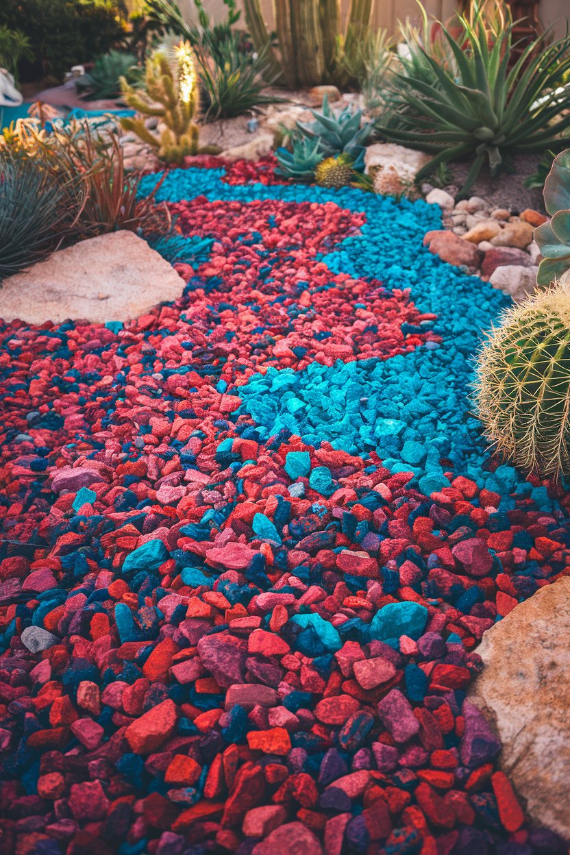 A garden with red and blue decorative rocks, surrounded by various cacti and succulents.
