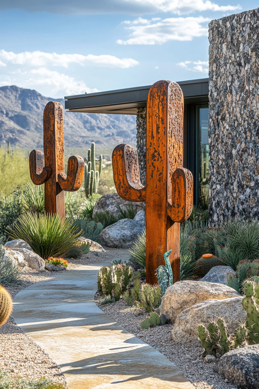 Desert landscape with metal cactus sculptures, stone building, and a path surrounded by rocks and various desert plants under a partly cloudy sky.