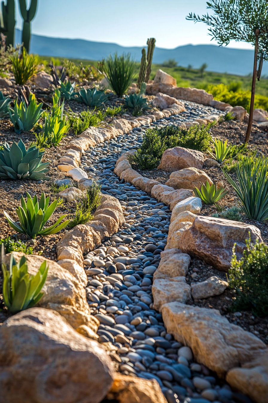 A winding dry riverbed made of smooth stones is bordered by large rocks and surrounded by various desert plants and cacti under a clear blue sky.