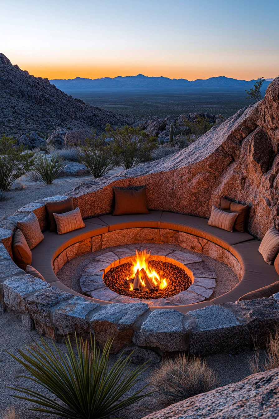A circular stone fire pit with seating built into a rocky landscape at sunset, surrounded by mountains and desert vegetation.