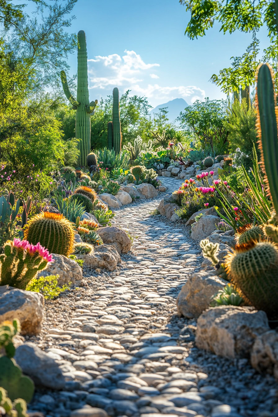 A stone pathway winds through a lush desert garden with various cacti and succulents under a clear blue sky.