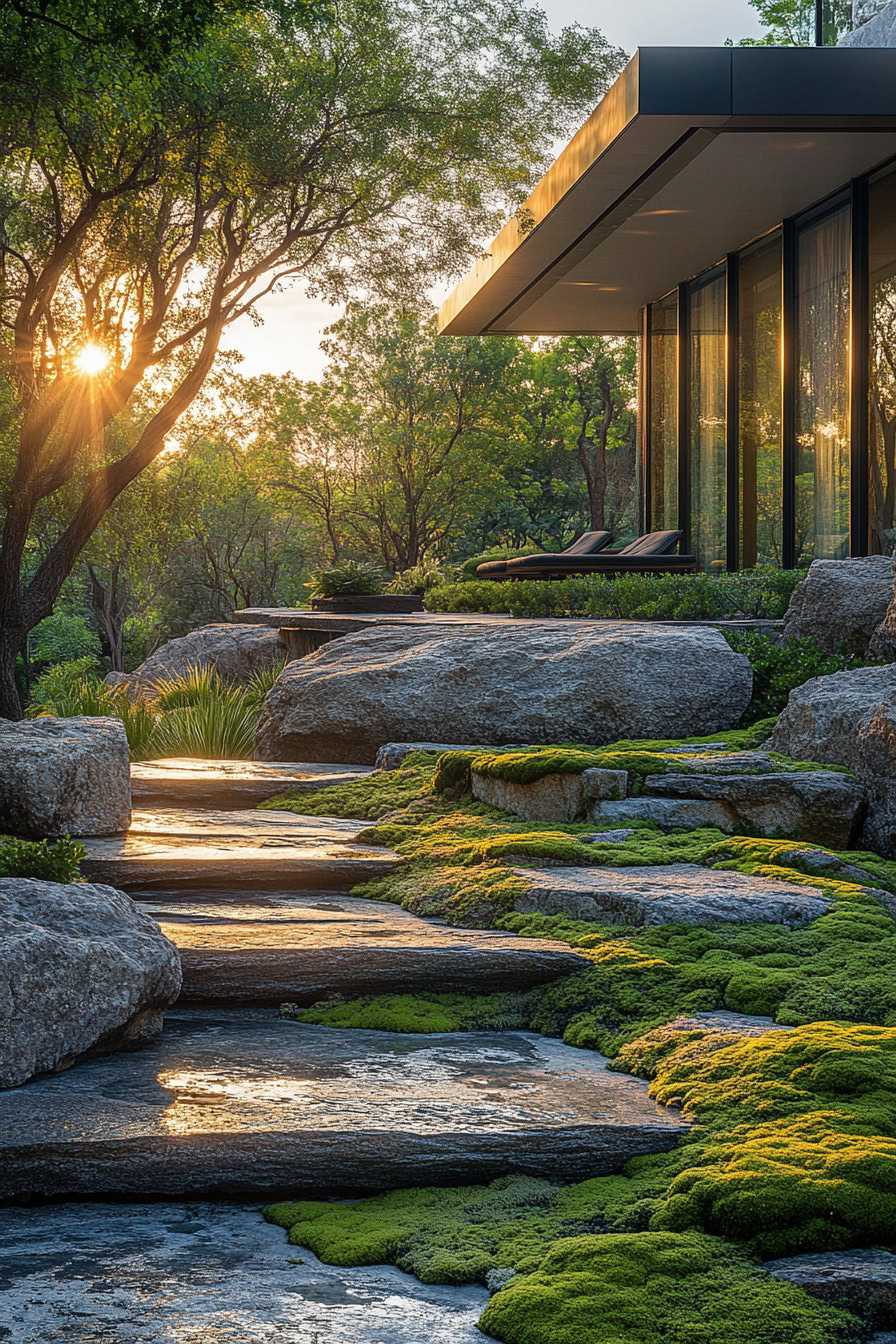 Modern house with large windows sits amidst trees. Stone pathway with moss leads to the entrance. Sunlight filters through the trees, creating a peaceful outdoor setting.