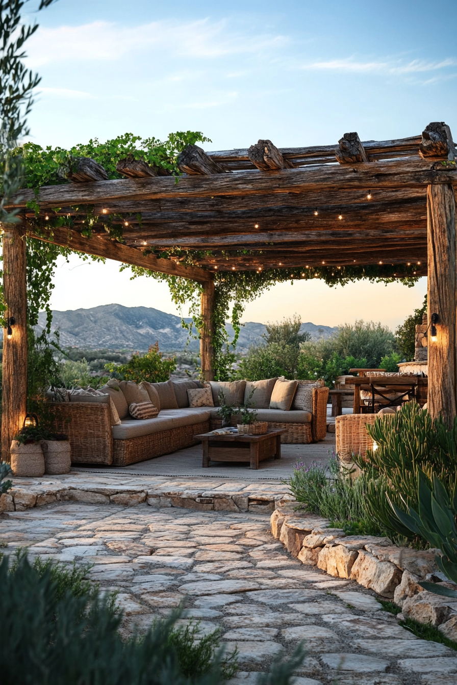A rustic outdoor pergola with wooden beams, string lights, ivy, and wicker furniture. Stone-paved patio with a mountain view in the background.