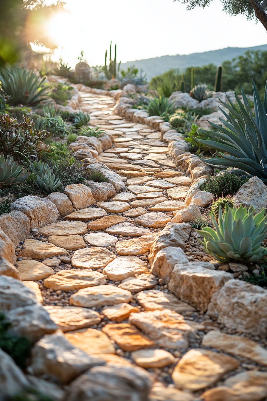 Sunlit stone path winding through a desert garden with succulents and cacti, set against a backdrop of mountains and a clear sky.