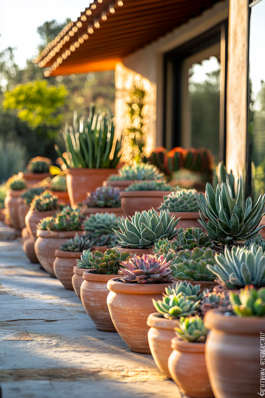 Rows of potted succulents arranged on a sunlit patio, with a building and greenery in the background.