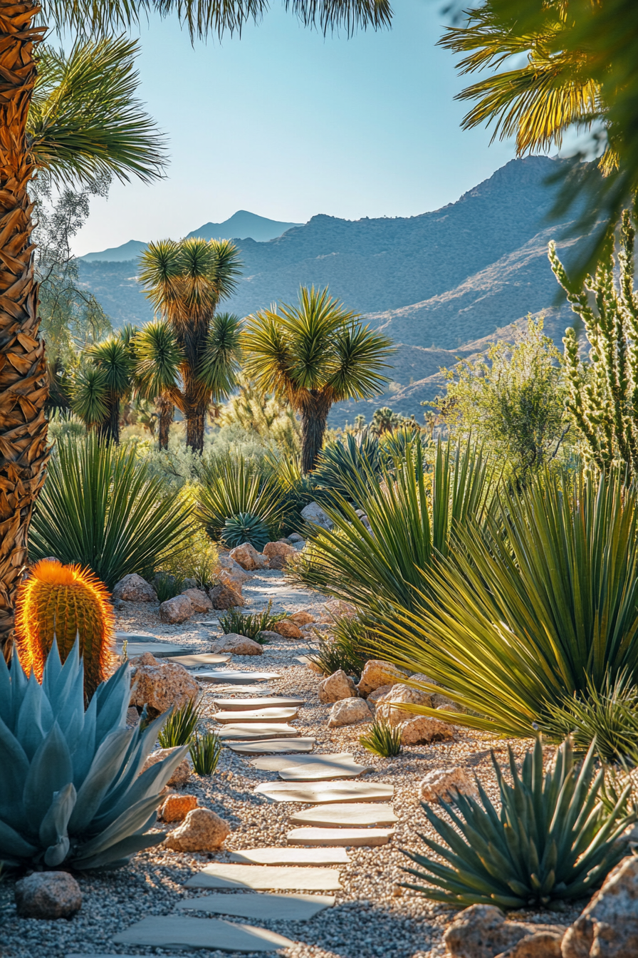 A stone path winds through a desert garden with cacti and palm trees, set against a backdrop of distant mountains under a clear blue sky.