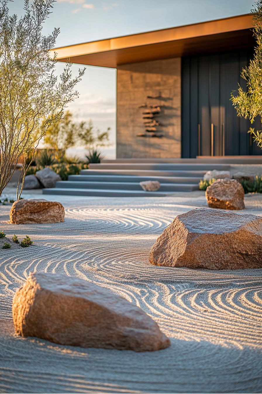Modern building with a minimalist design, surrounded by a Zen garden featuring intricately raked sand patterns and large boulders.
