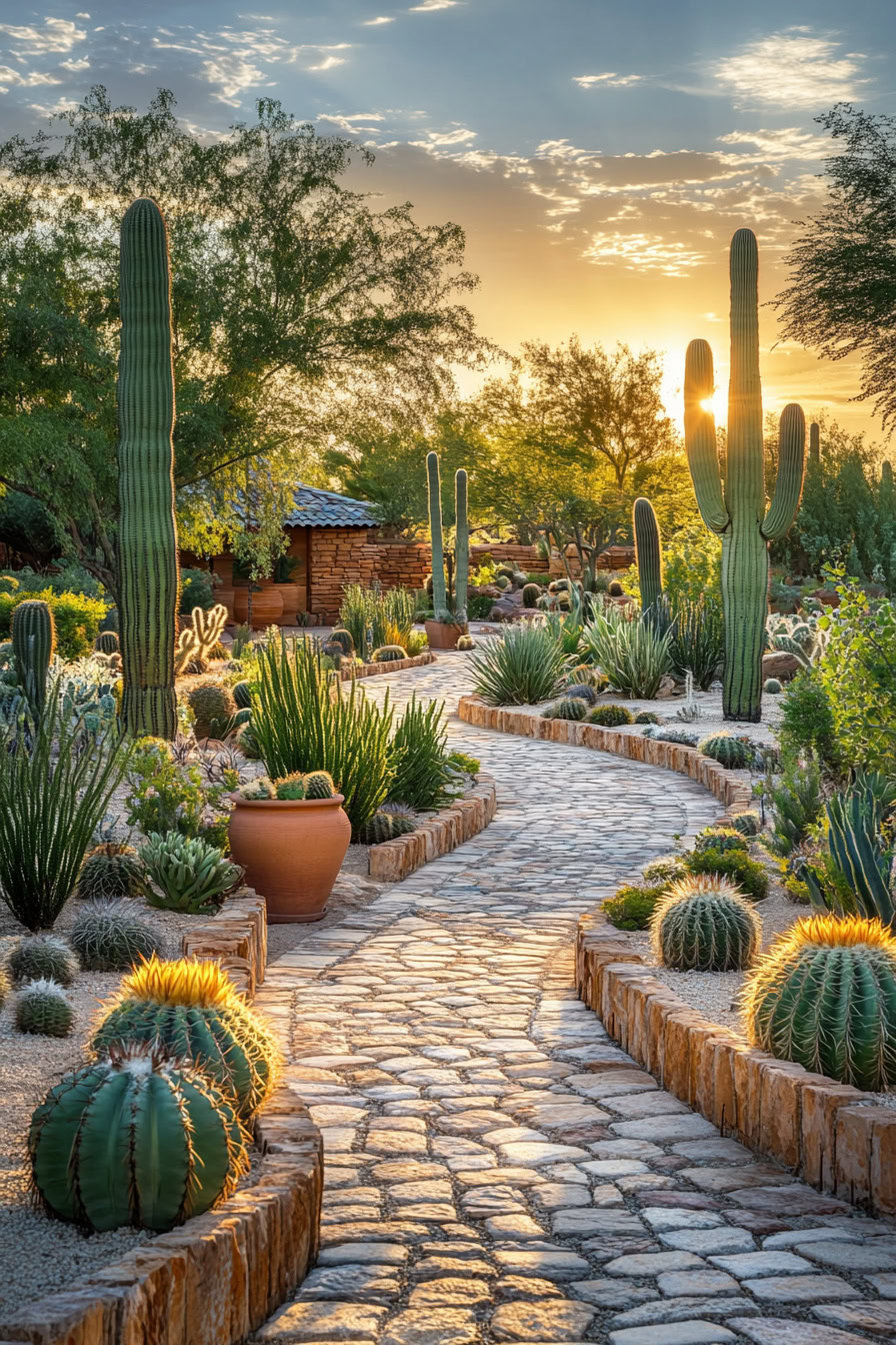 A stone pathway winds through a desert garden with cacti and succulents, leading towards the horizon as the sun sets in the background.