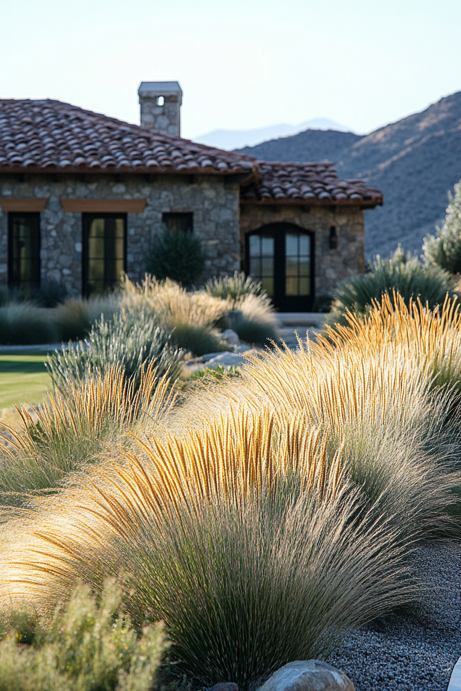 A stone house with a tiled roof is surrounded by ornamental grasses and shrubs in a landscaped yard. Mountains are visible in the background.