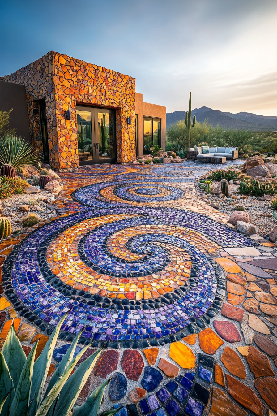 A modern house with a stone mosaic pathway featuring colorful swirl patterns, surrounded by desert plants and a mountainous backdrop.