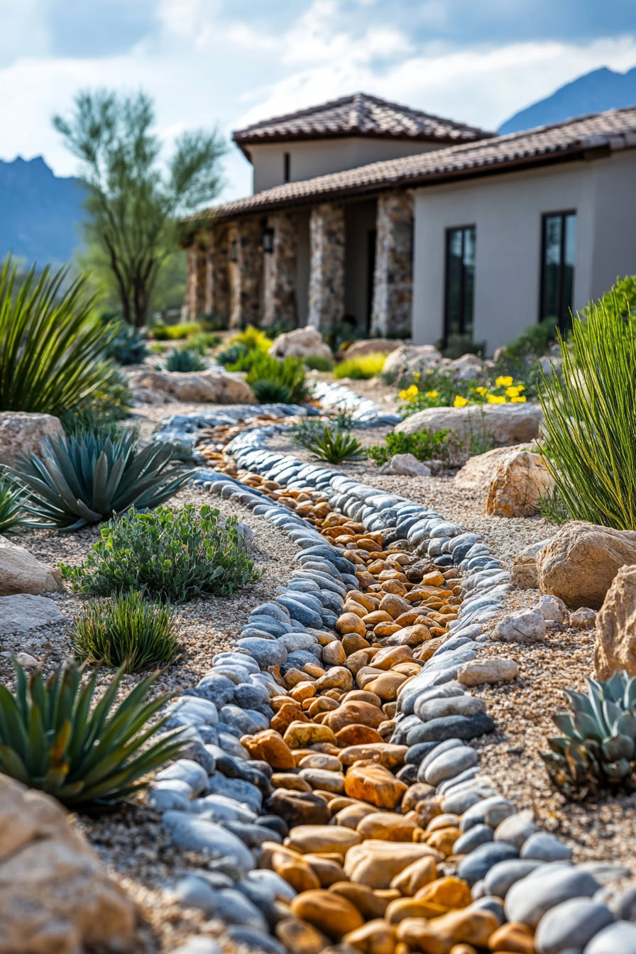 A desert landscape garden with a dry riverbed of smooth stones in front of a stone house, surrounded by various succulents and desert plants.