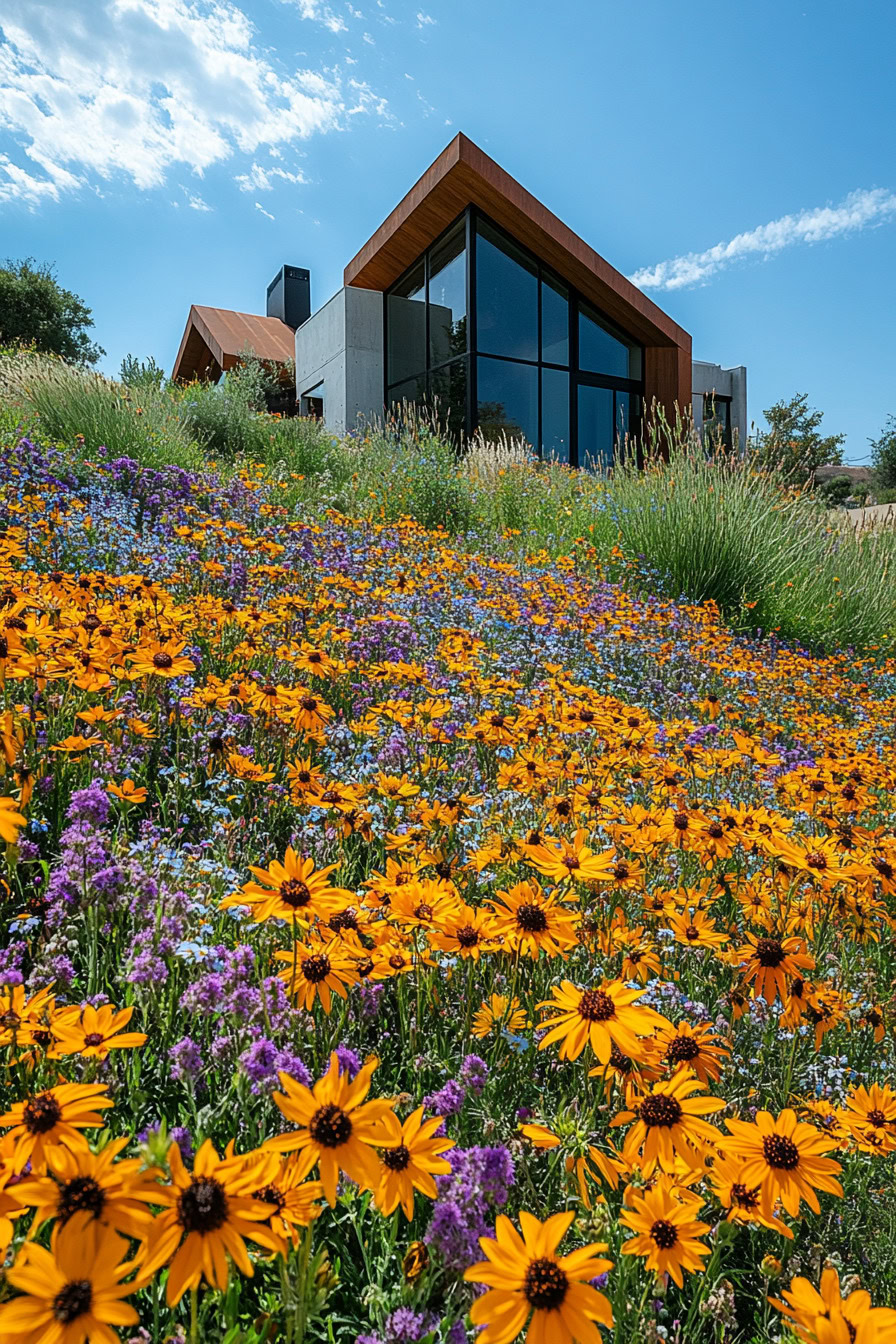 Modern house with large windows behind a hillside covered in yellow and purple flowers under a clear blue sky.
