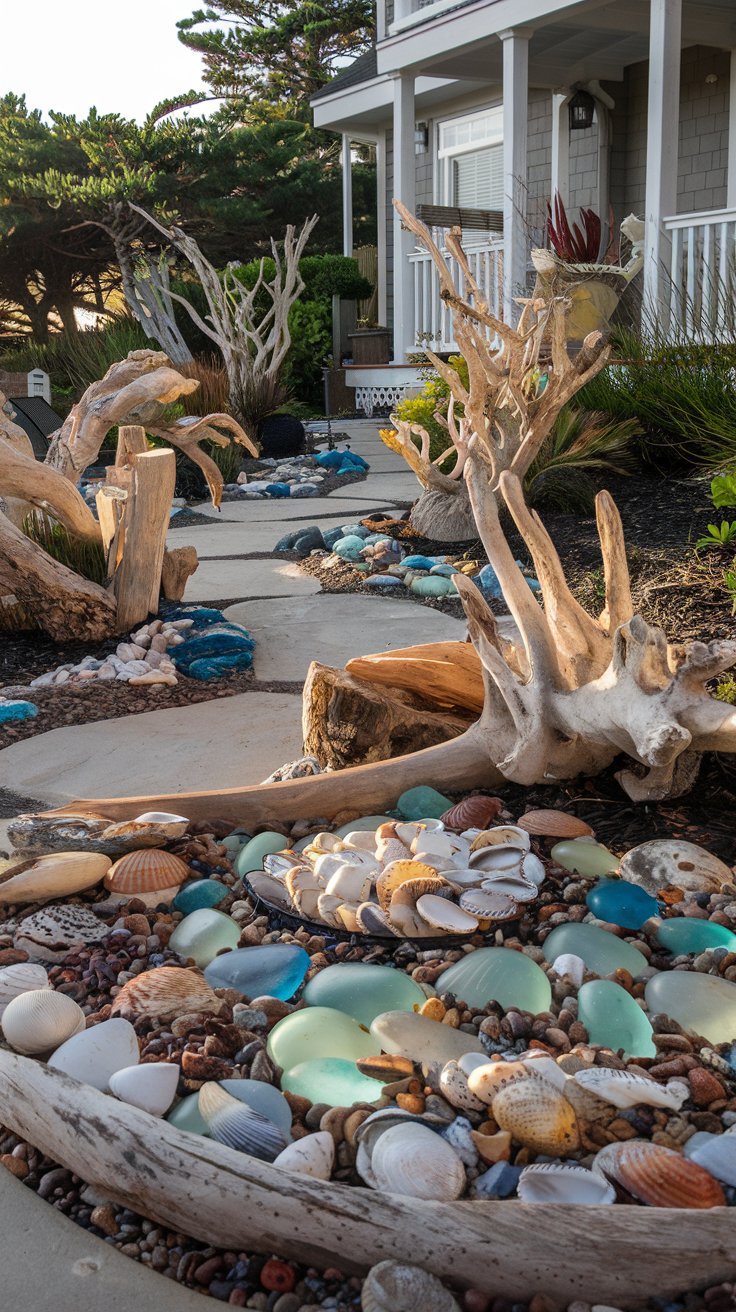 A garden pathway bordered with seashells, rocks, and driftwood leads to a house. Trees and shrubs are visible in the background.