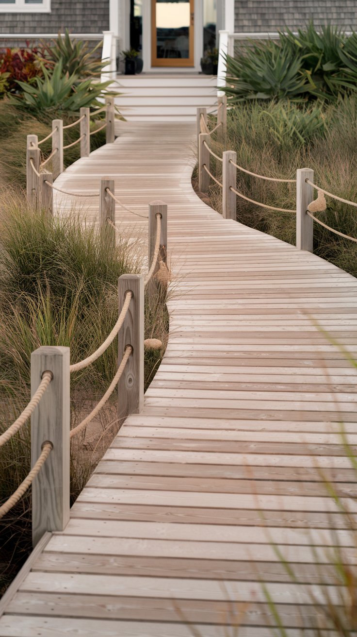 Curved wooden boardwalk with rope railing leads through grass to a house entrance.