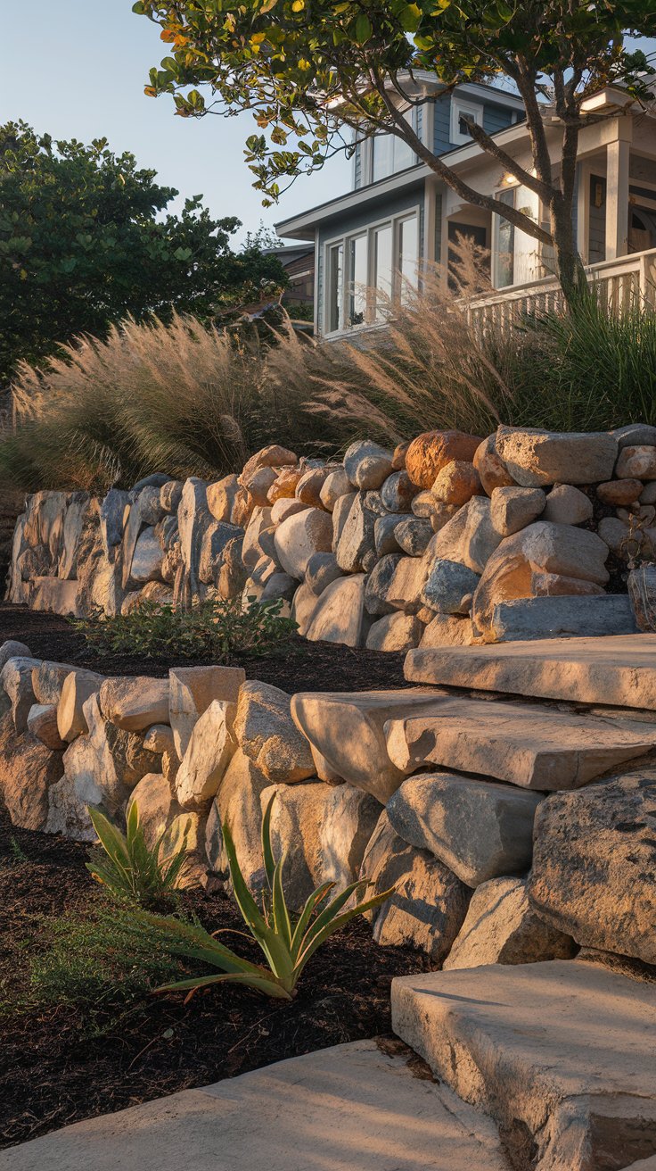 A house with a stone retaining wall, landscaped with ornamental grasses and plants, set against a sunset backdrop.