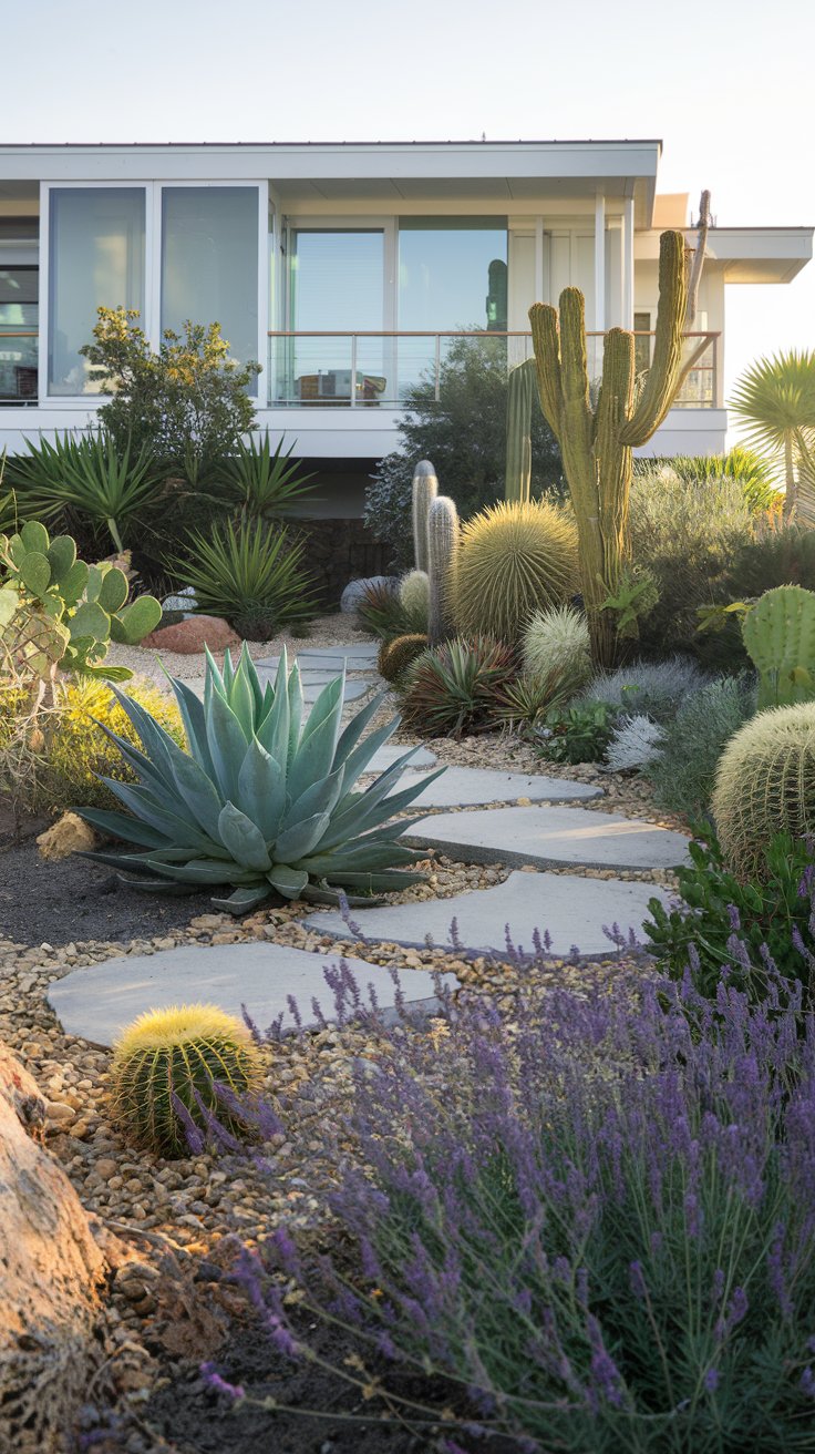 Modern house with large windows in the background, surrounded by a landscaped garden featuring various cacti, succulents, and stepping stones in the foreground.