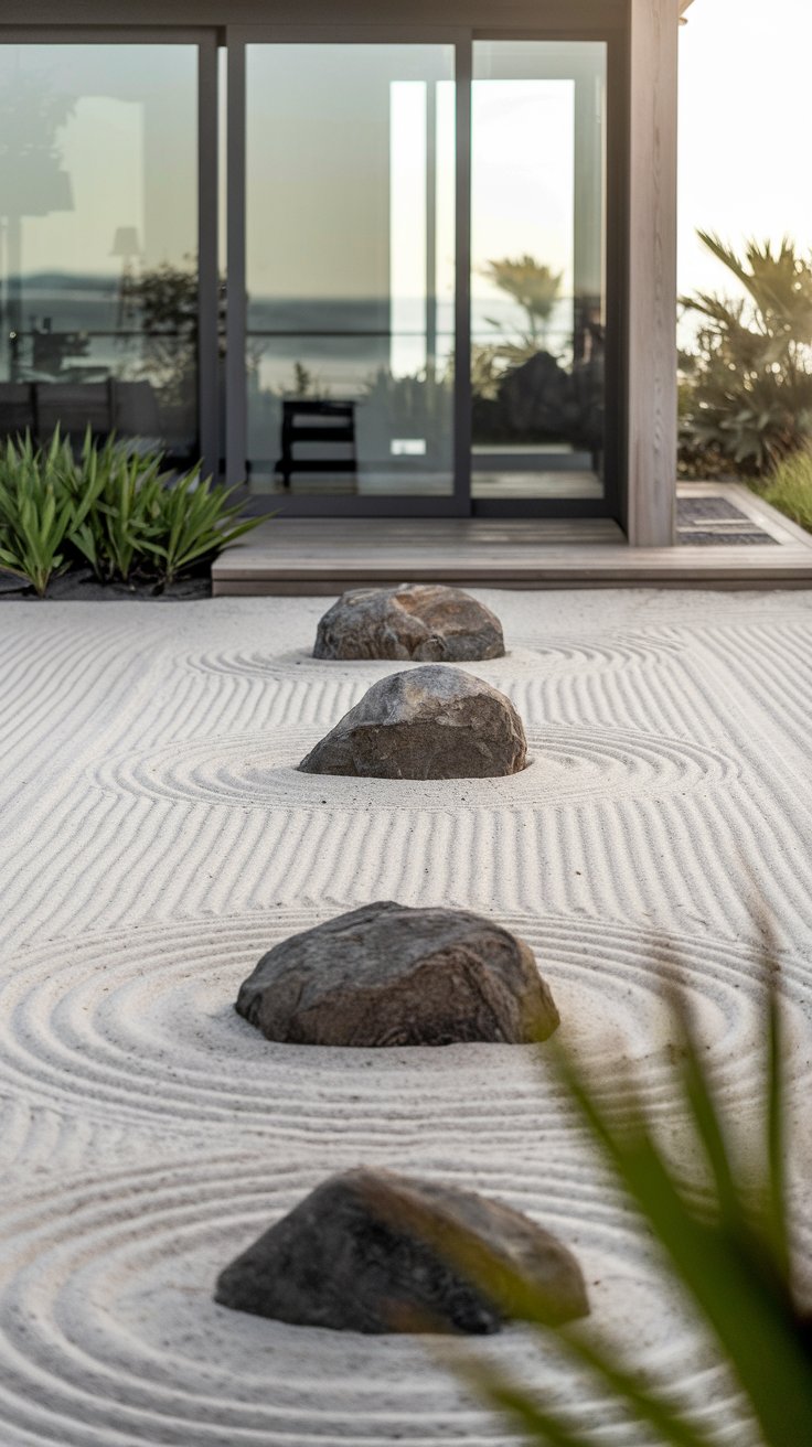 A modern zen garden featuring raked sand with five stone islands in a line, leading to a glass-front building. Reflective windows and green plants are visible in the background.