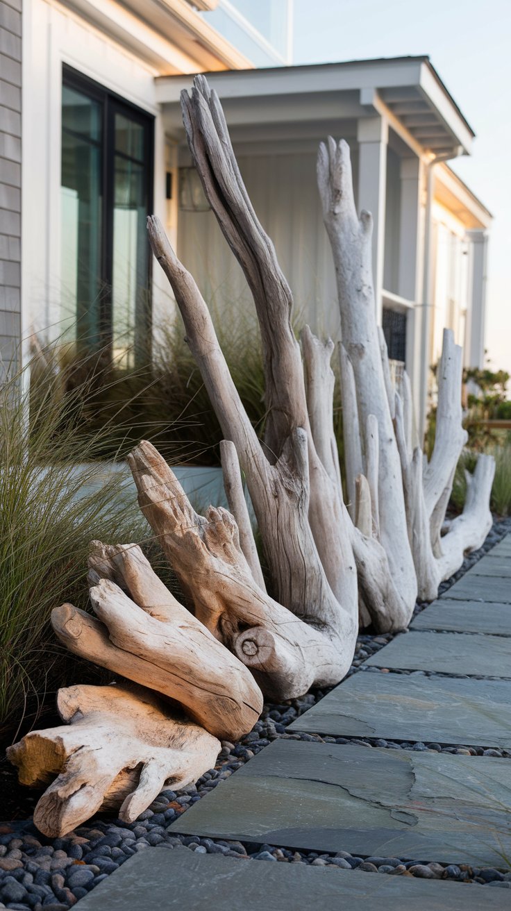 Weathered driftwood pieces leaning against a house, surrounded by tall grass and smooth stone pathway.