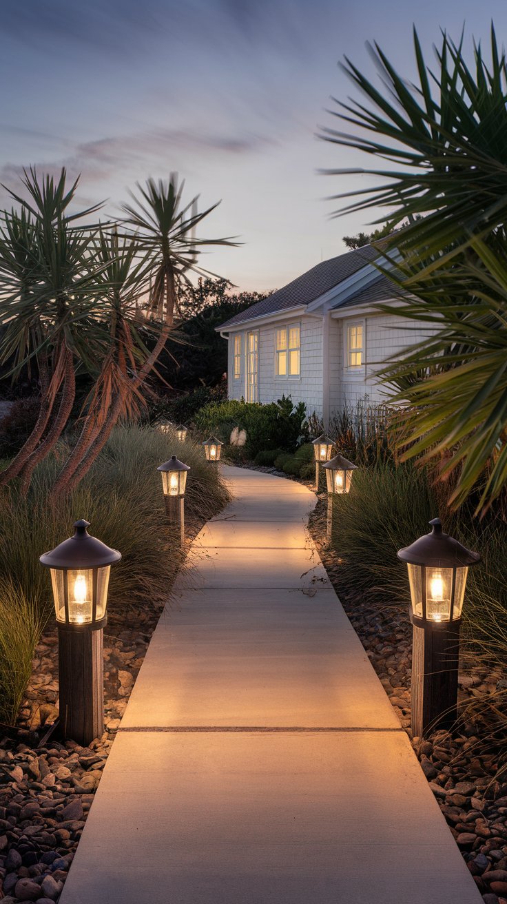 A paved path lined with illuminated lanterns leads to a white house, surrounded by grass and palm trees, at dusk.