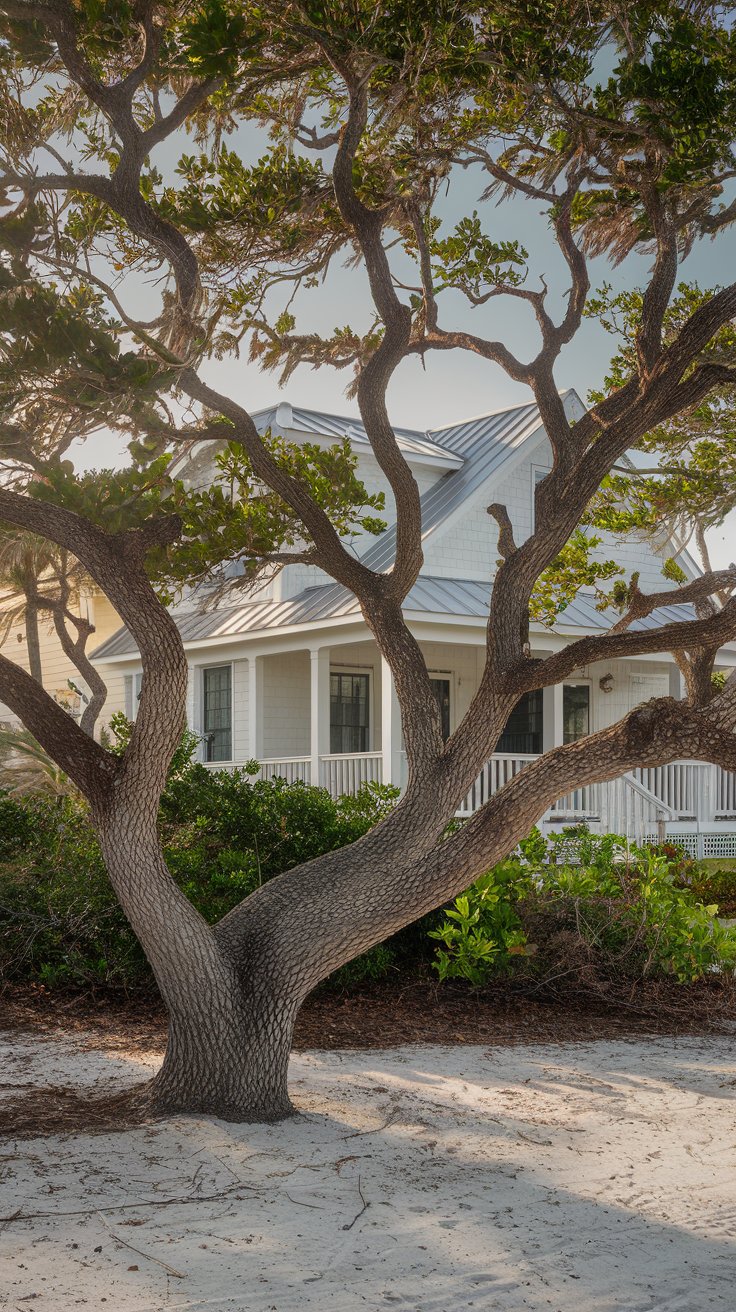A large tree with sprawling branches stands in front of a white house with a metal roof and a covered porch. The foreground features sandy soil and some greenery.