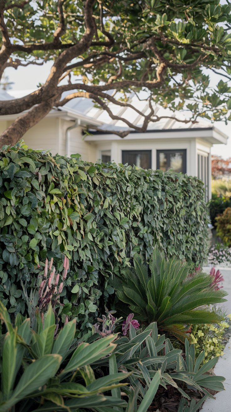A green hedge lines a garden path, bordered by various plants. A tree with a dense canopy extends over the scene in front of a house with large windows.