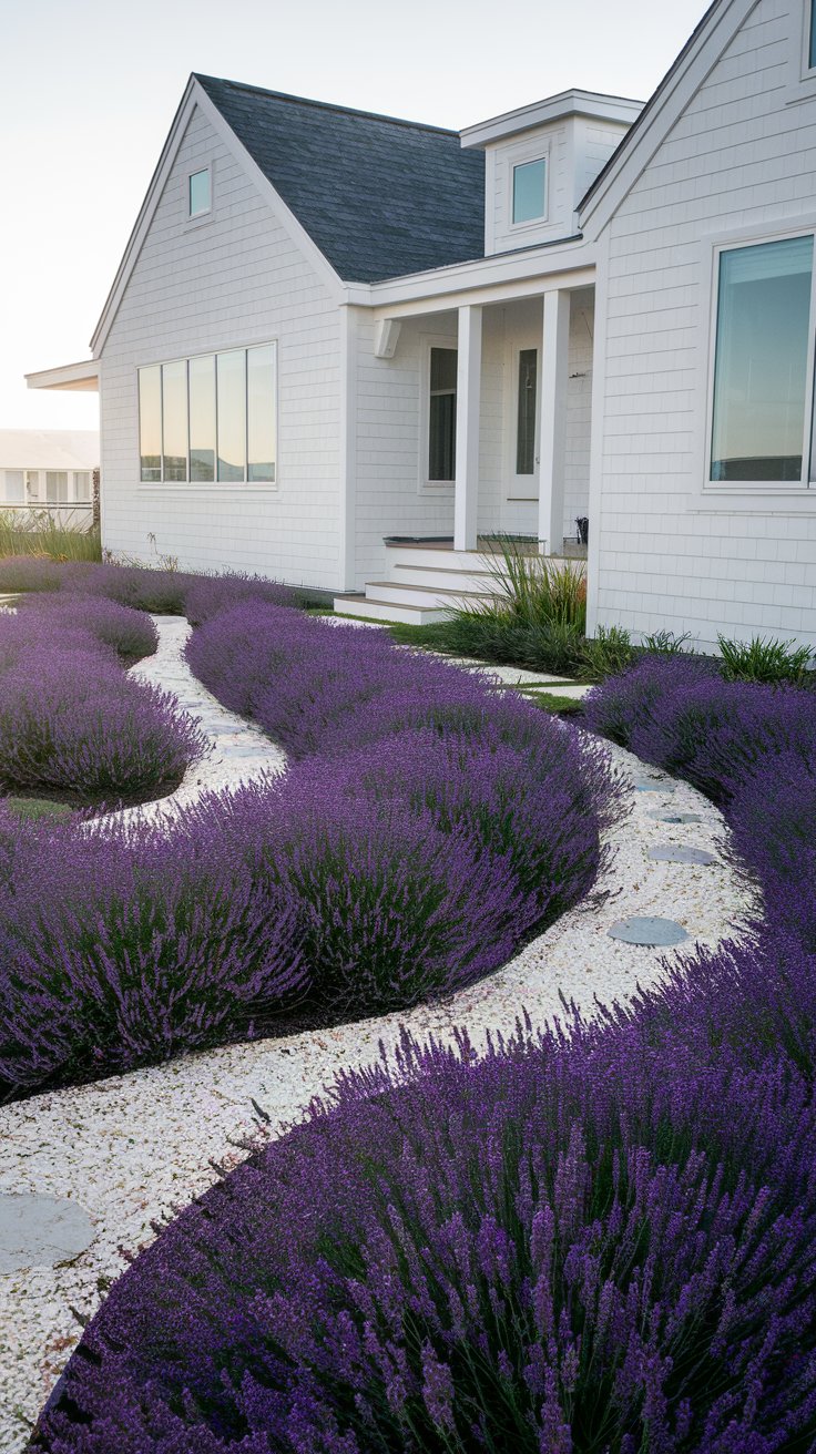 A modern white house with a front yard featuring winding paths and lush purple lavender plants.