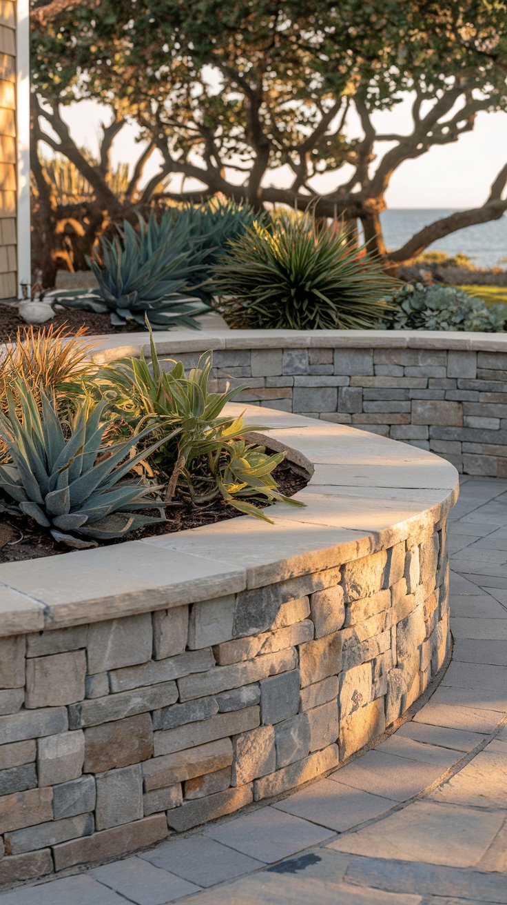 Stone retaining wall with agave plants and trees, overlooking a distant view of the sea. The area is lit by warm sunlight.
