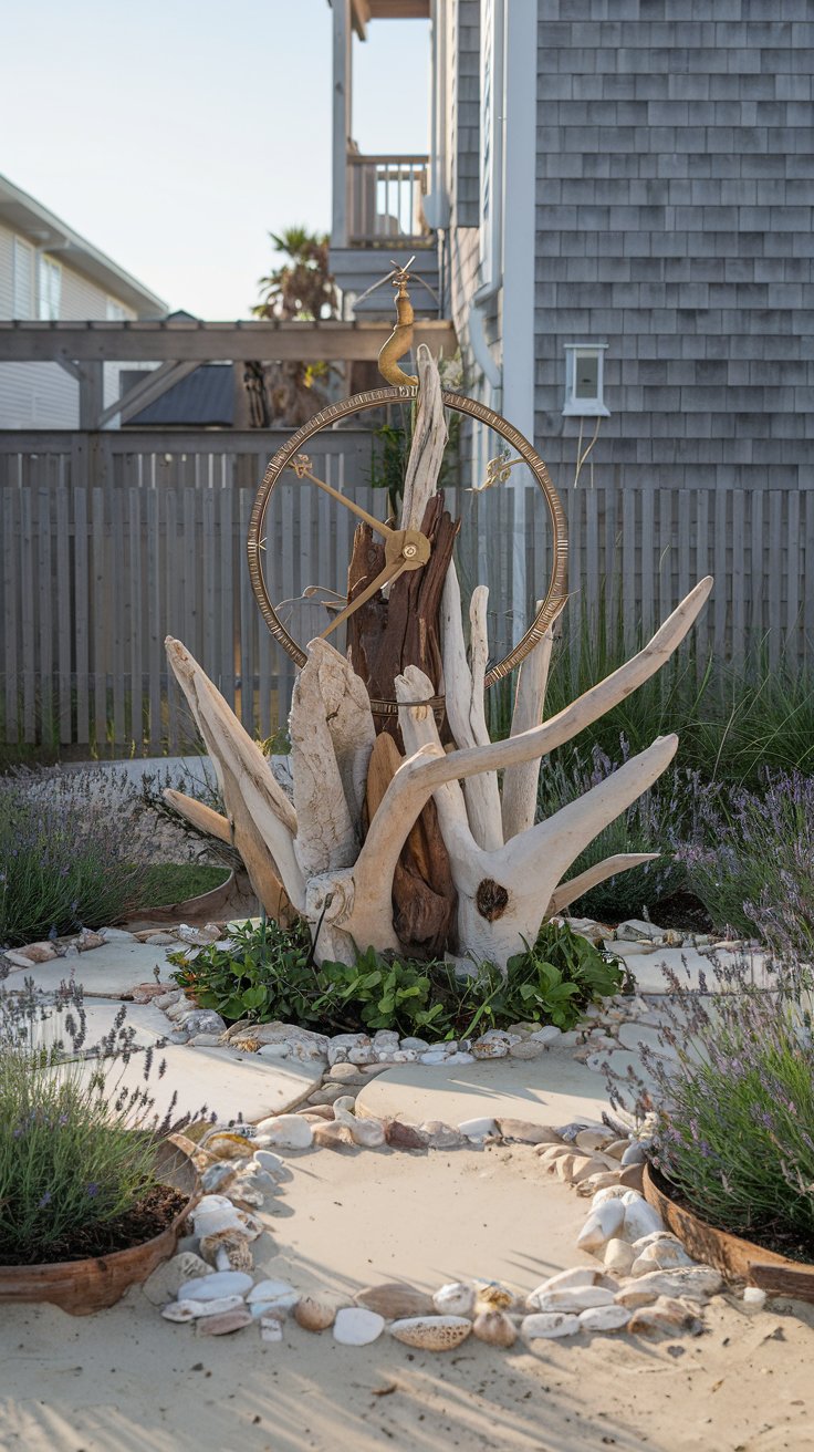 A nautical-themed garden sculpture featuring a ship's wheel, driftwood, and large bones, surrounded by lavender and shells, in front of a fenced wooden house.